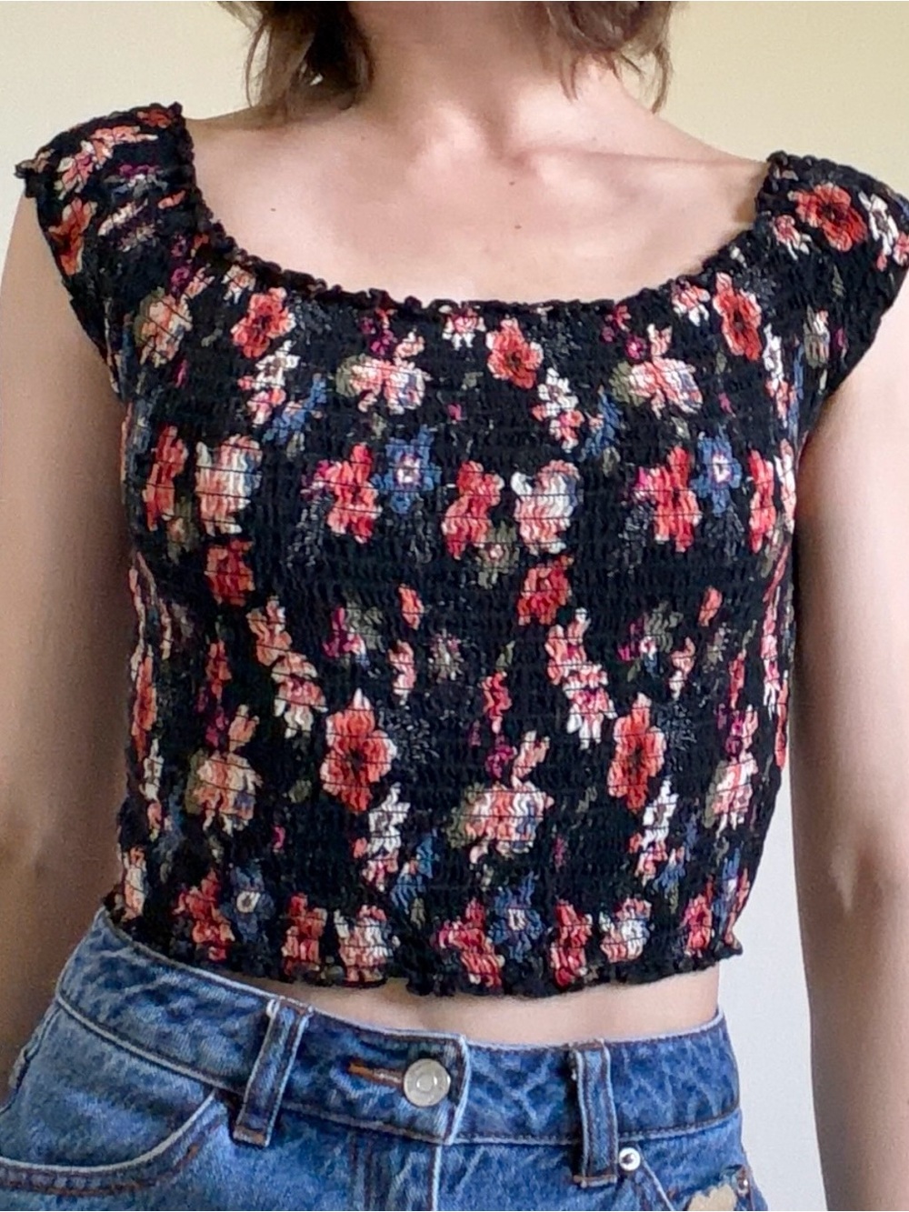 Cropped Black and Floral Shirred Top